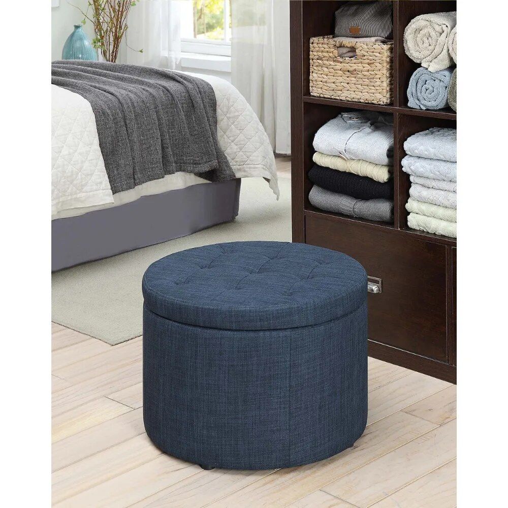 Dark Blue Linen Round Footstool with Shoe Storage