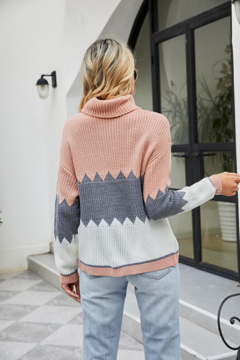 Color Block Rib-Knit Turtleneck Dropped Shoulder Women's Sweater