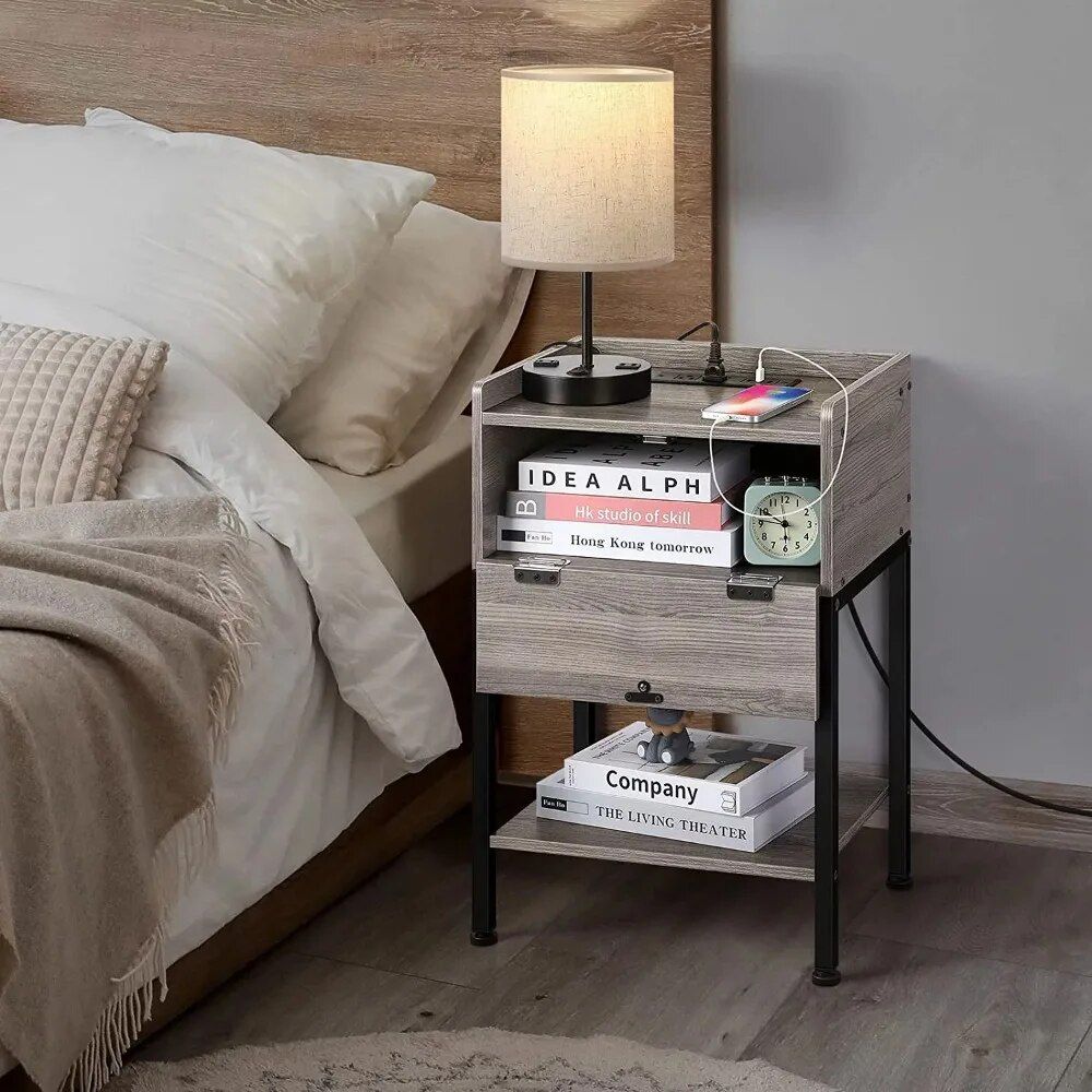 Modern Morocco Wood Side Table with Built-in Charging Station and Storage