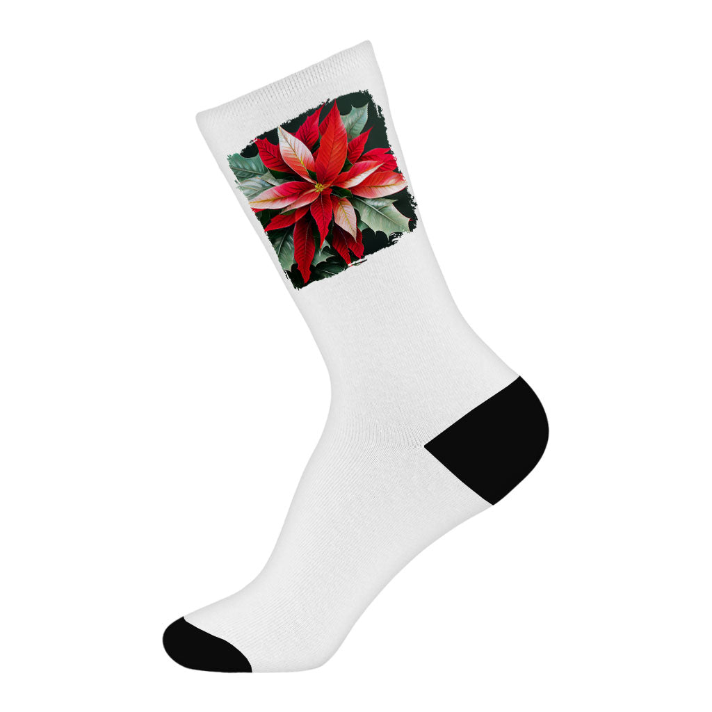 Plant Print Socks - Poinsettia Novelty Socks - Plant Crew Socks