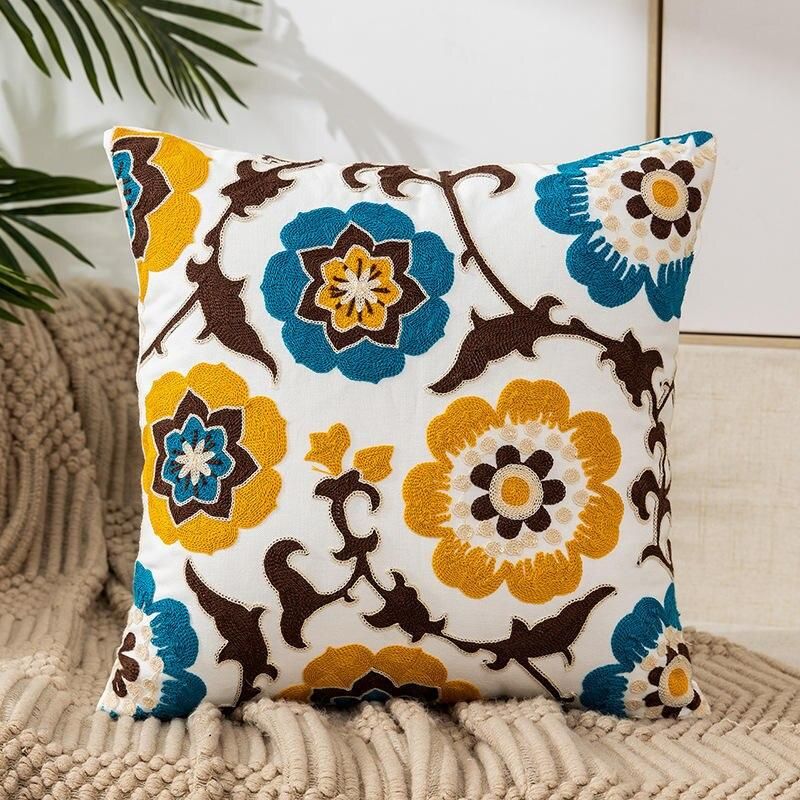 Embroidered Floral Canvas Cushion Cover