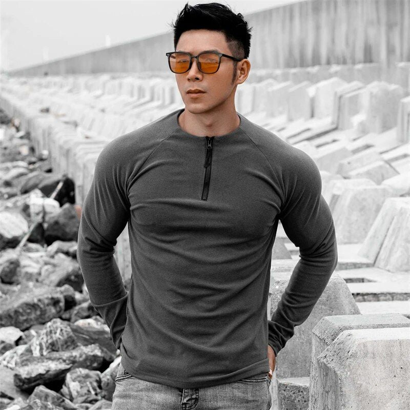 Men's Long Sleeve Slim Fit Sports T-Shirt with Zipper Neckline