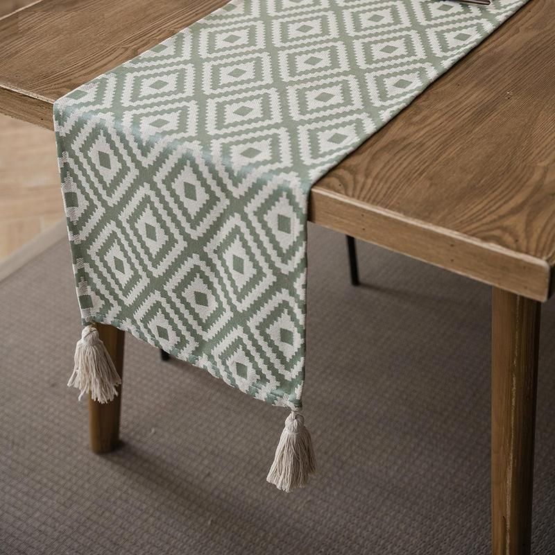 Elegant Nordic Jacquard Table Runner with Geometric Tassel Design