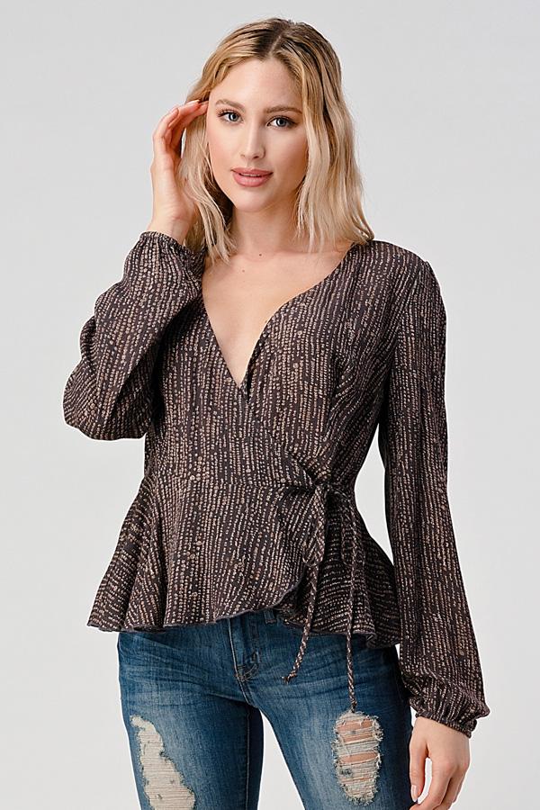 Surplice Long Sleeve With Peplum Hem Blouse Top