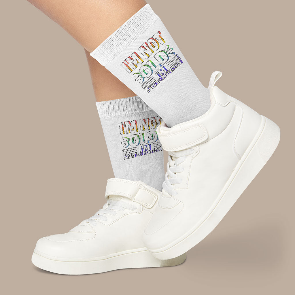 Aged to Perfection Socks - I'm Not Old Novelty Socks - Funny Crew Socks