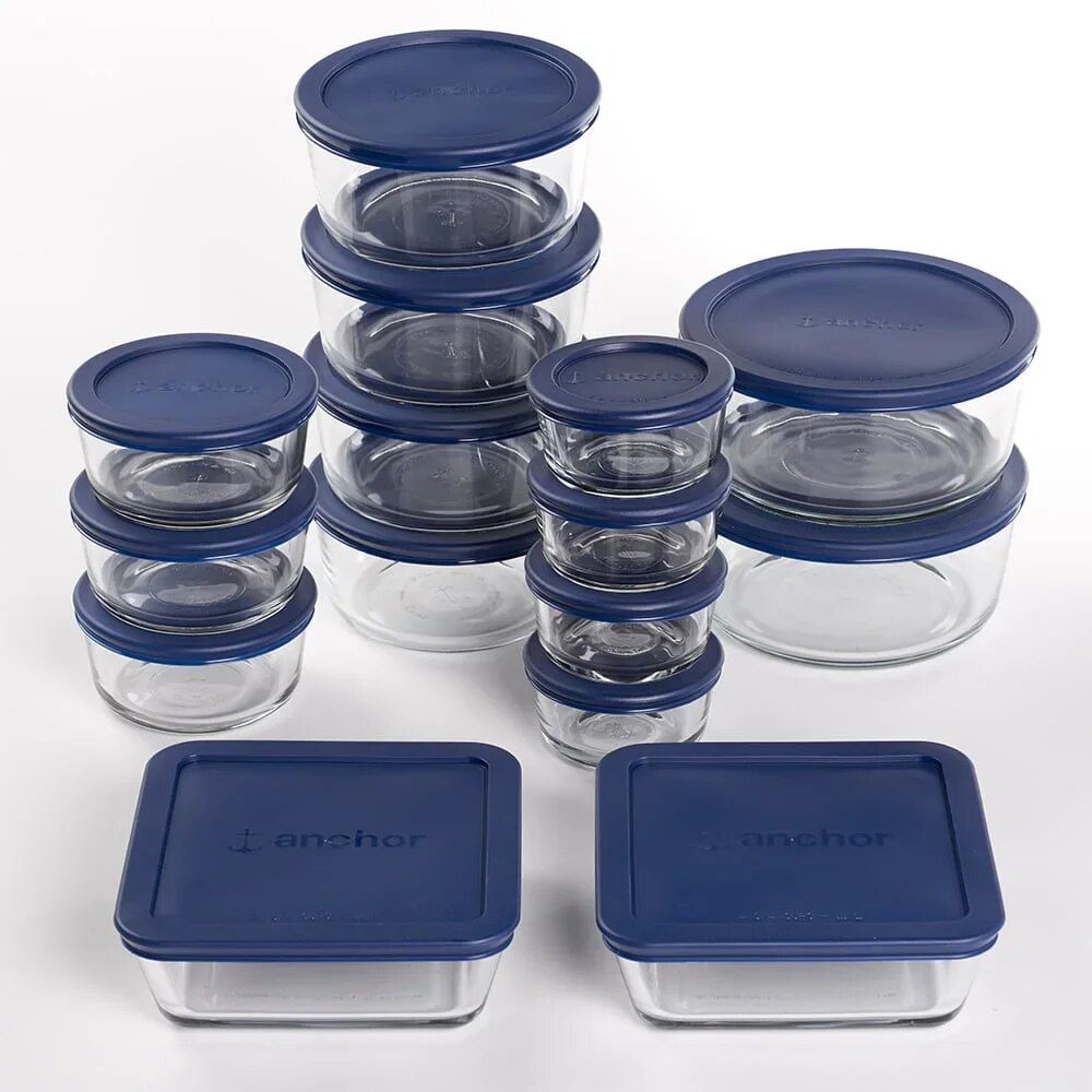 30-Piece Glass Food Storage Set with Navy Lids