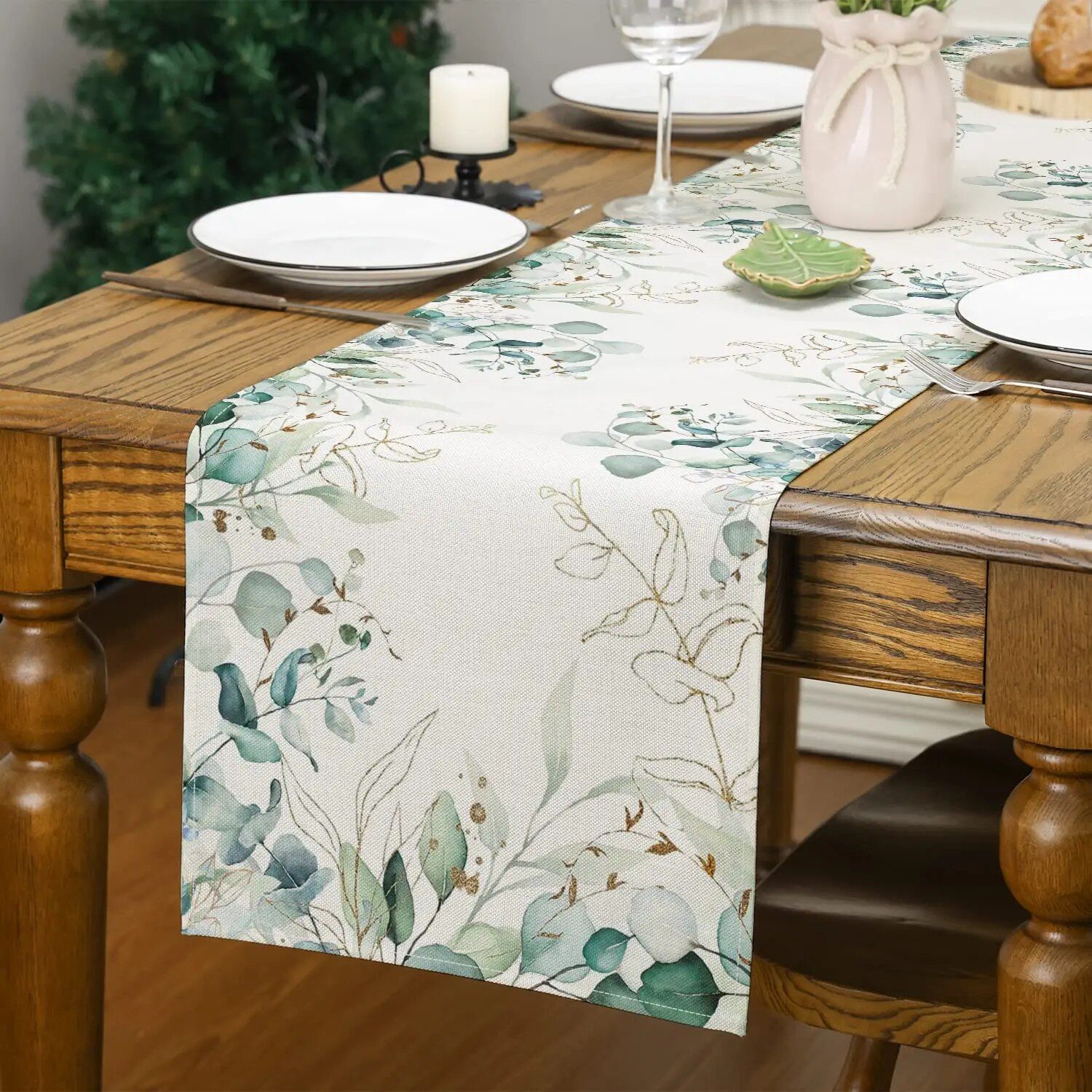 Spring Green Eucalyptus Linen Table Runner