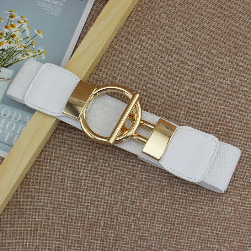 Elegant Elastic Fashion Belt for Women with Round Metal Buckle