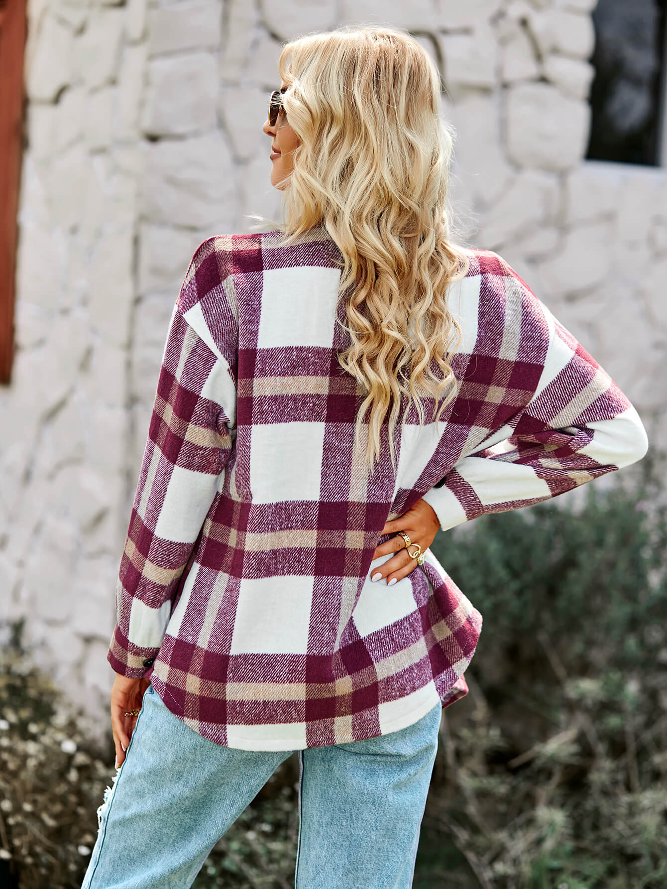 Plaid Dropped Shoulder Shirt Jacket with Breast Pockets