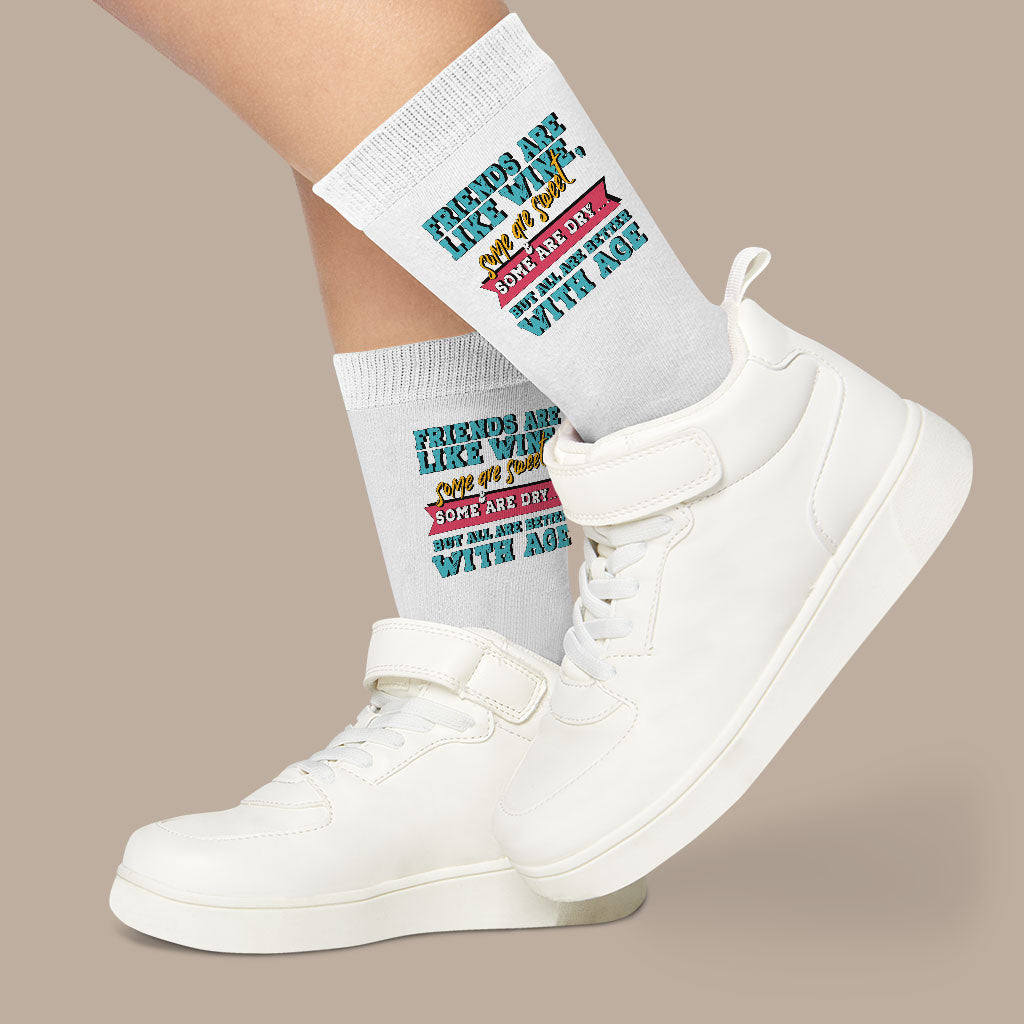 Friends and Wine Socks - Quotes Novelty Socks - Funny Crew Socks