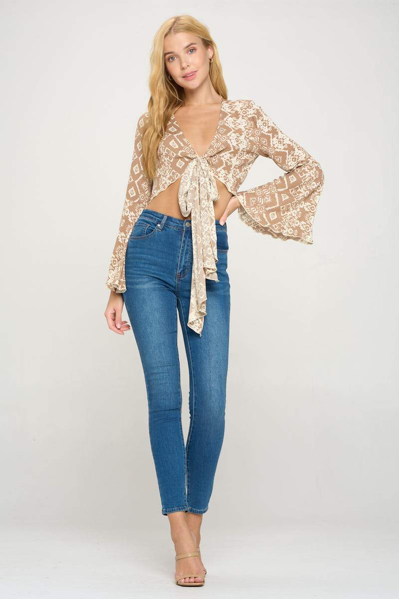 Tie Front Long Sleeve Crop Cardigan Ditsy Floral