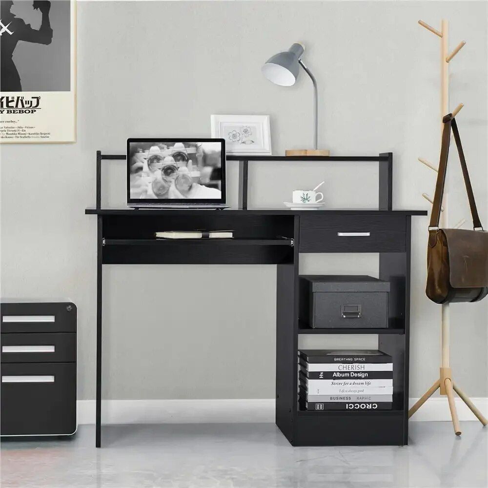 Modern White Wooden Computer Desk with Drawers and Keyboard Tray