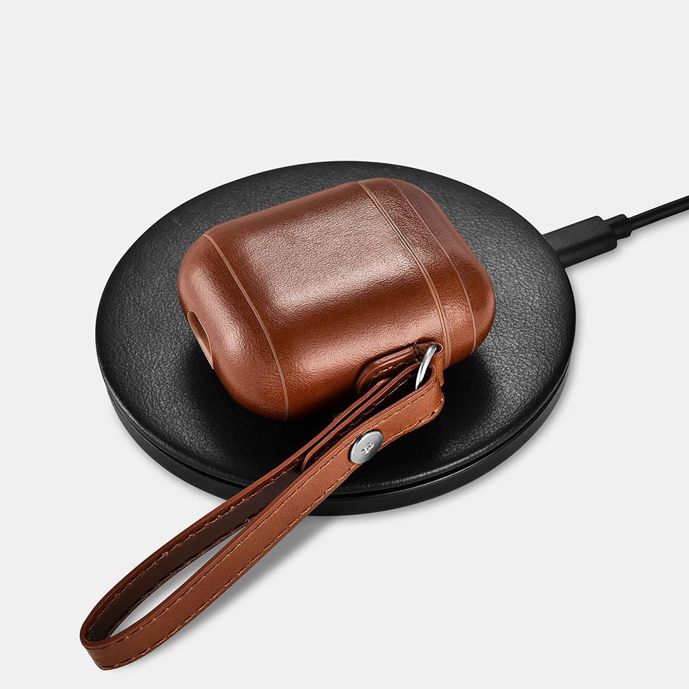 Custom AirPods 1 and 2 Case Black or Brown Leather with Keychain Strap