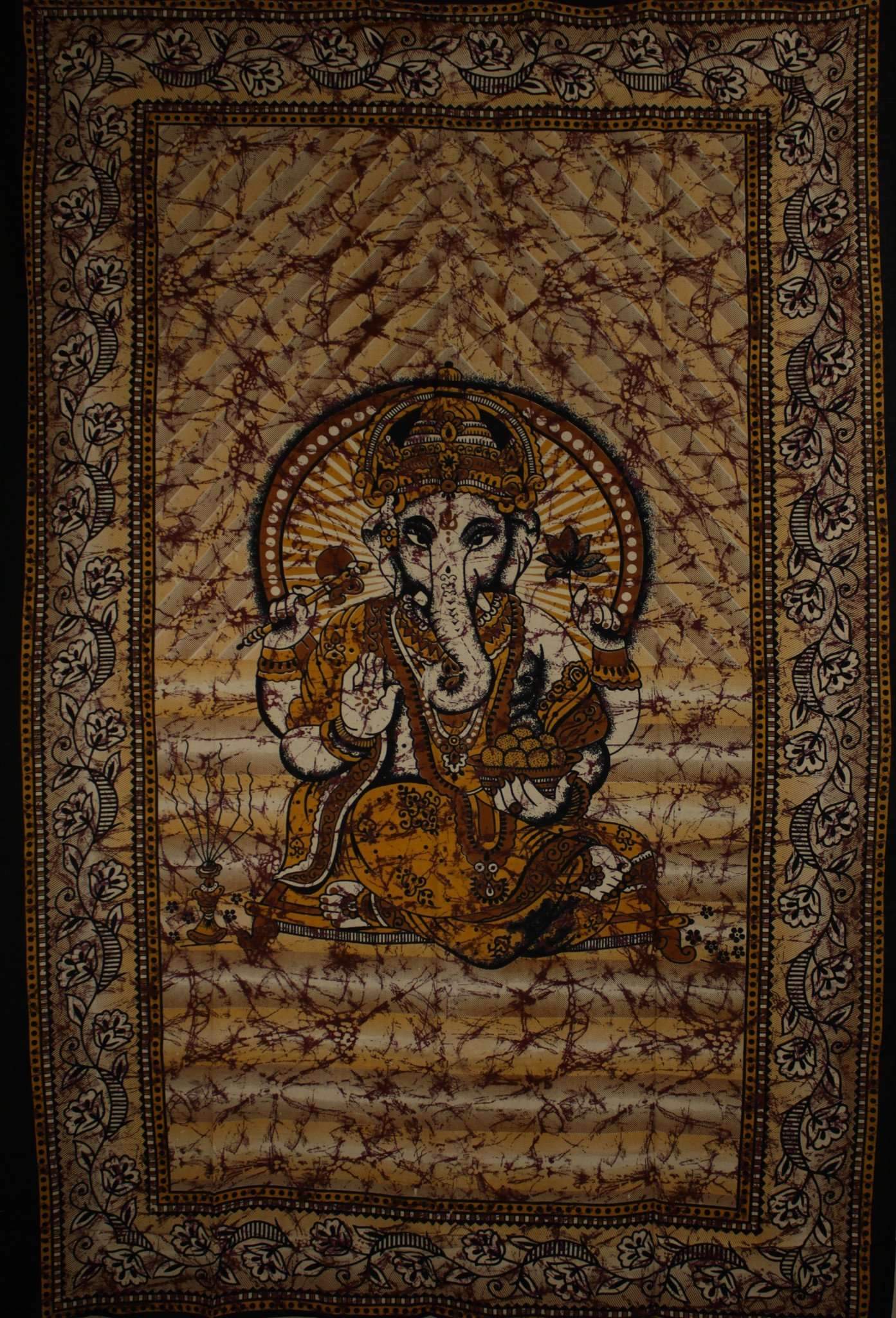 Saffron Ganesha Holding Lotus Flower In Batik Style Tie Dye Tapestry | Silver Hestia