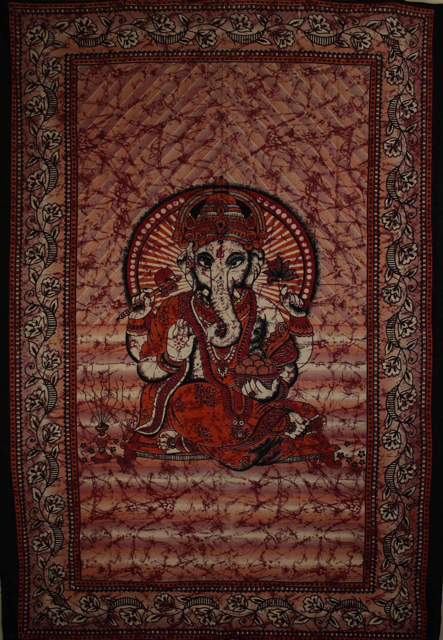 Red Ganesha Holding Lotus Flower In Batik Style Tie Dye Tapestry | Silver Hestia