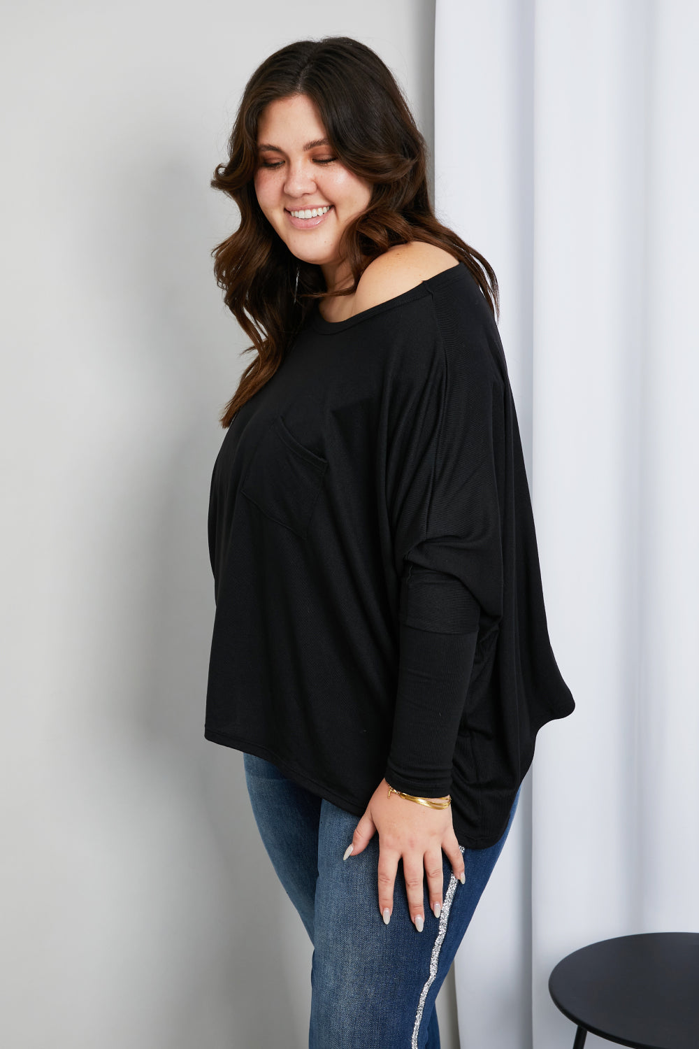 Zenana Full Size Round Neck Pocket Long Sleeve Top