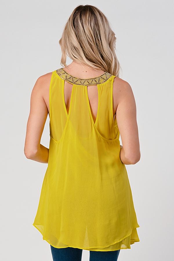 Beaded Neckline Key Hole Back Tunic Top