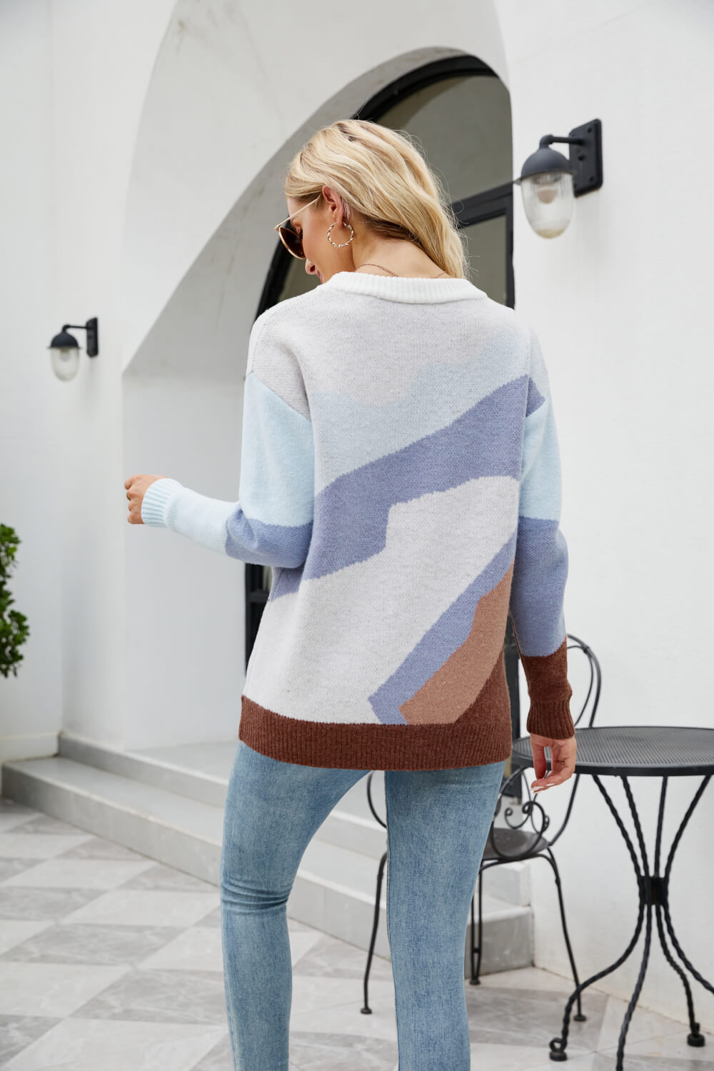 Color Block Dropped Shoulder Round Neck Tunic Sweater (more color