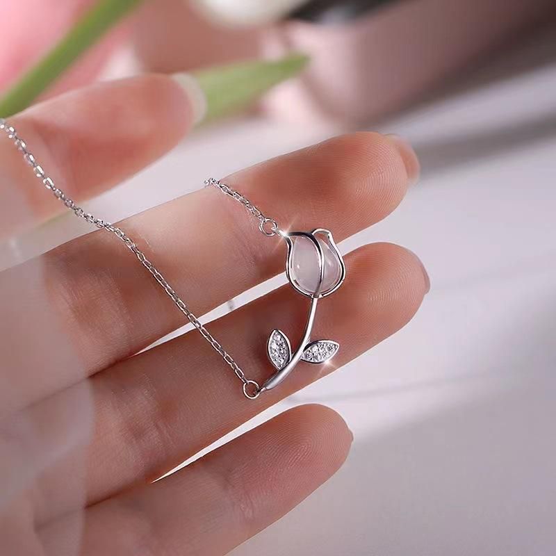 Elegant Microinlaid Tulip Pendant Necklace