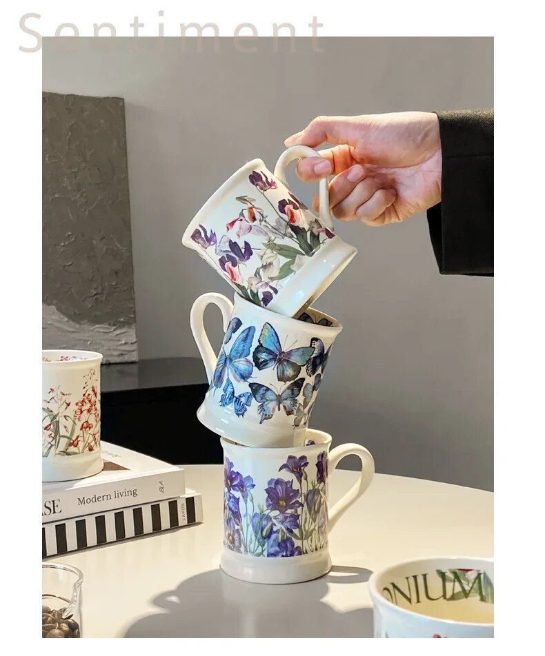 Chic Handgrip Ceramic Mug - Prairie Style, Floral Elegance for Office & Restaurant