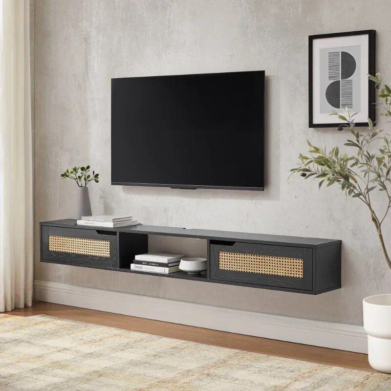 Chic Black Rattan-Door Floating TV Stand for Up to 80-inch TVs