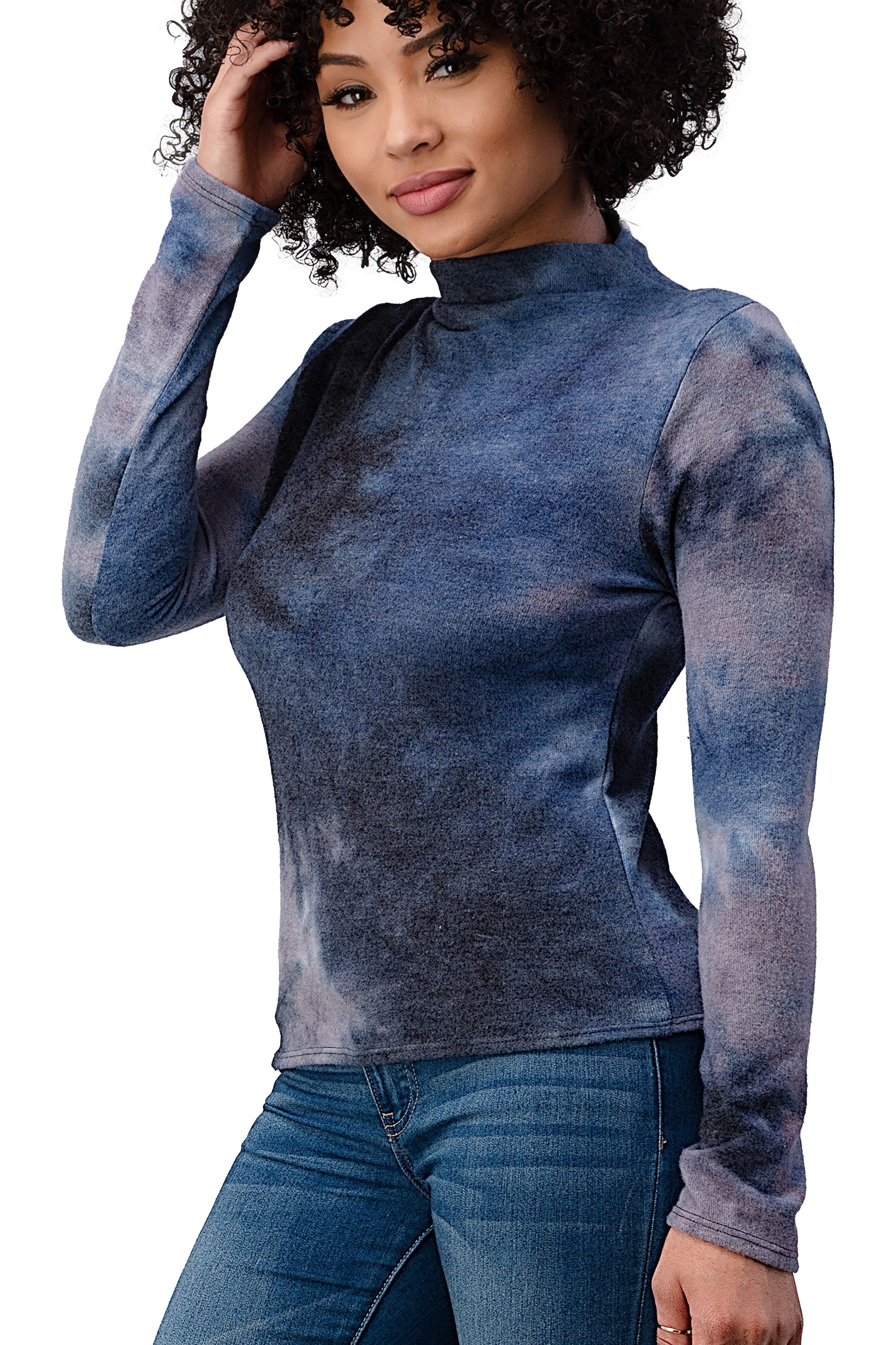 Brushed Knit Tie Dye Printed Mock Neck Long Sleeve Top