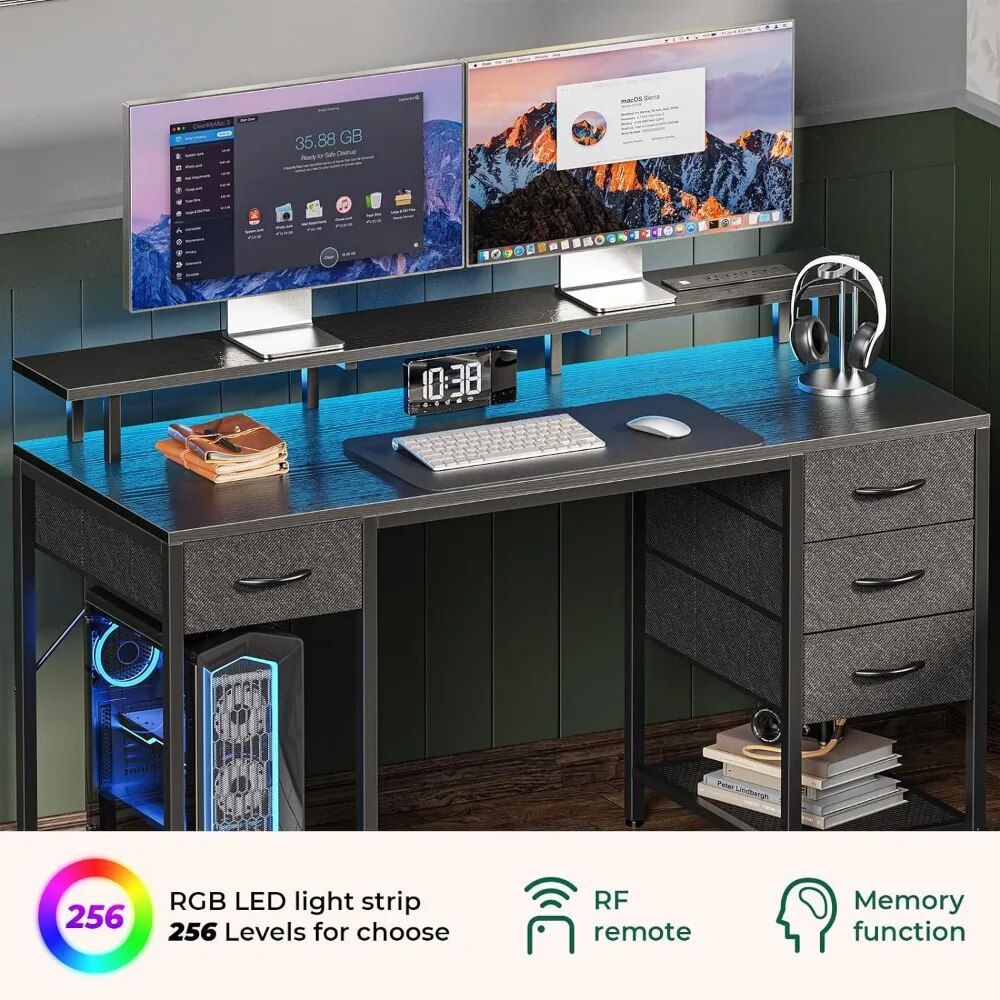 55-inch Multifunctional Computer Desk with LED Lighting and Power Outlets