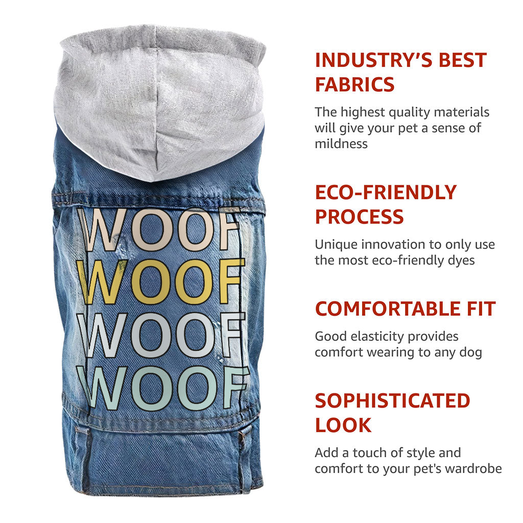 Woof Dog Denim Jacket - Word Art Dog Denim Coat - Beautiful Dog Clothing