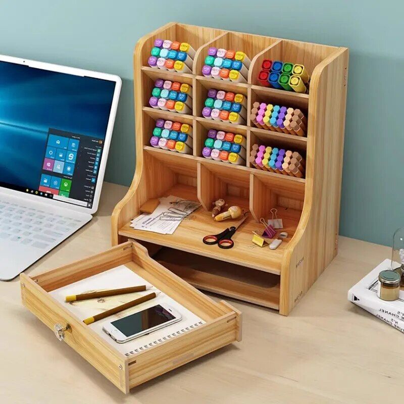 Elegant Wooden Desk Organizer with Pen Holder and Storage Box