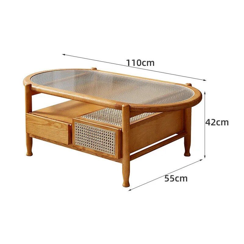 Modern Oval Ash Wood Tea Table with Rattan Weave and Storage