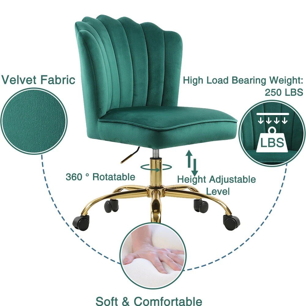 Chic Green Velvet Swivel Desk Chair: Ergonomic, Adjustable, and Rolling