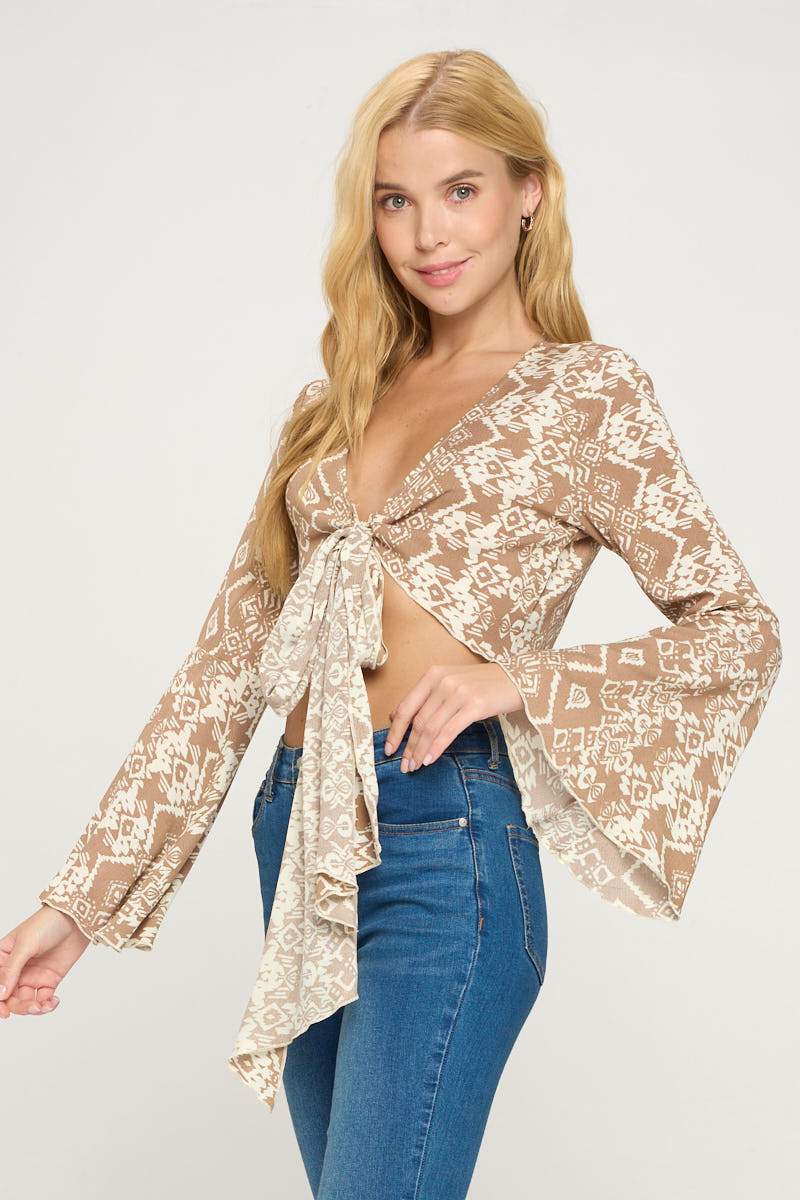 Tie Front Long Sleeve Crop Cardigan Ditsy Floral