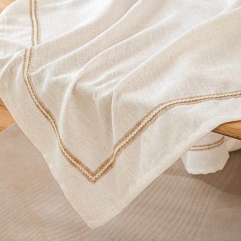 Luxury White Cotton Linen Tablecloth with Tassel Edges