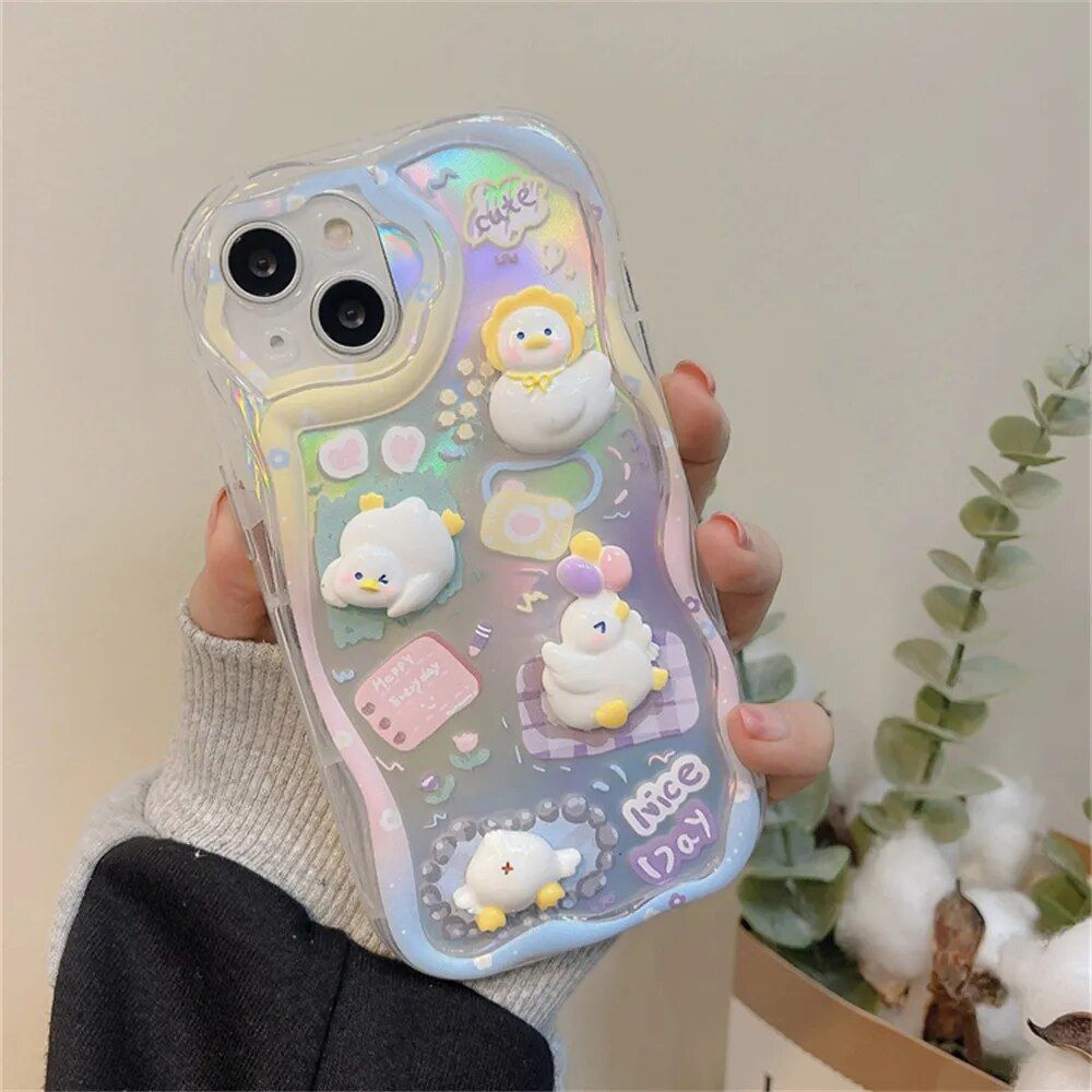 3D Cartoon Duck Cake Gradient Wave Silicone Case for iPhone Models