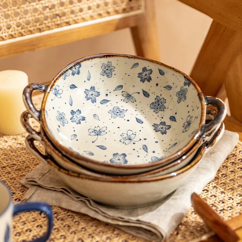 Elegant Floral Ceramic Soup and Salad Bowl with Handle