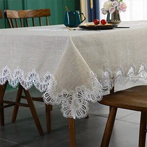 Elegant Beige Embroidered Lace Tablecloth