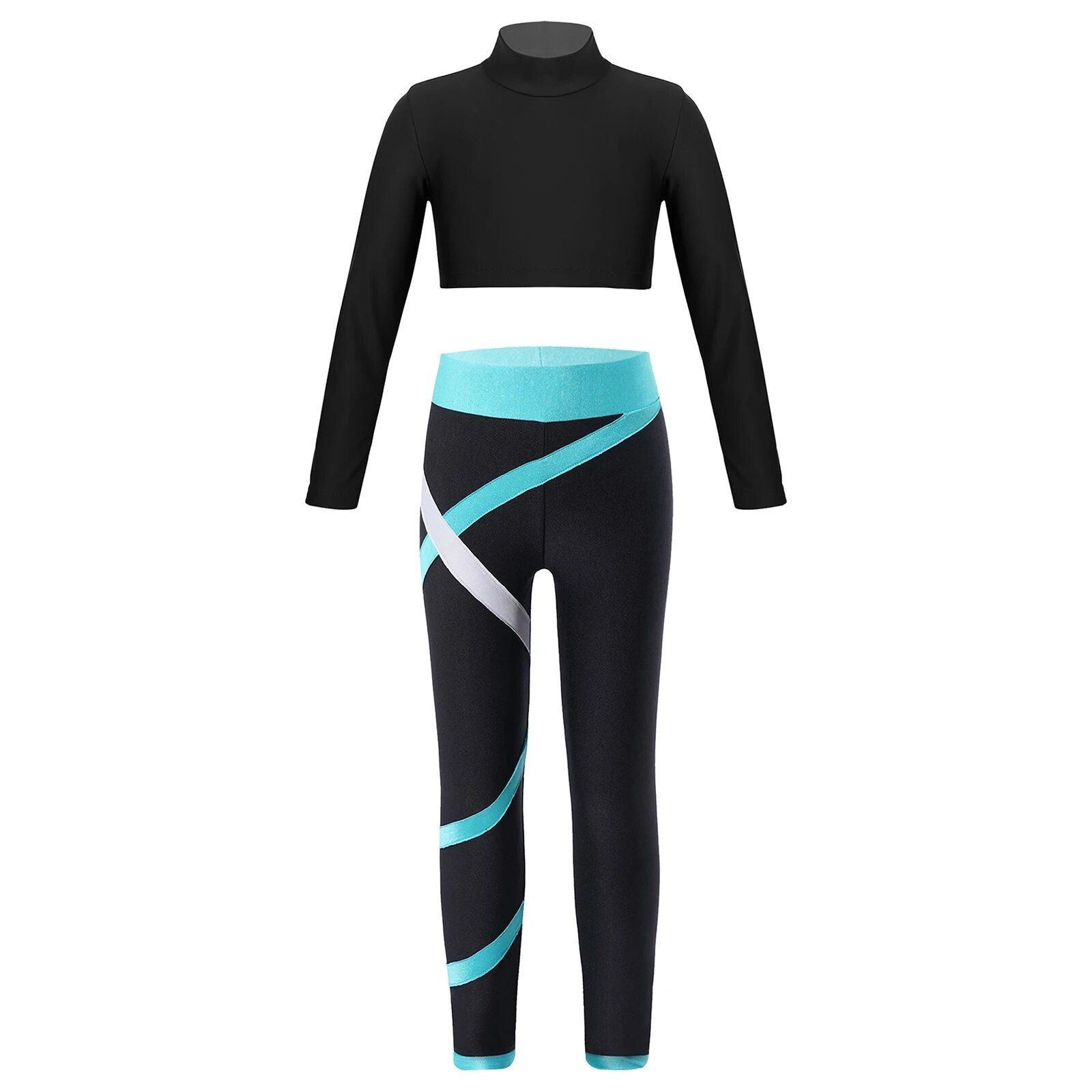 Kids' Athletic Wear Set - Stretchy Long Sleeve Crop Top & Colorblock Leggings for Gymnastics, Yoga, Skating