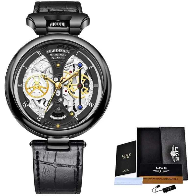 Elegant Casual Leather Skeleton Quartz Wrist Watch with Stainless Steel Case