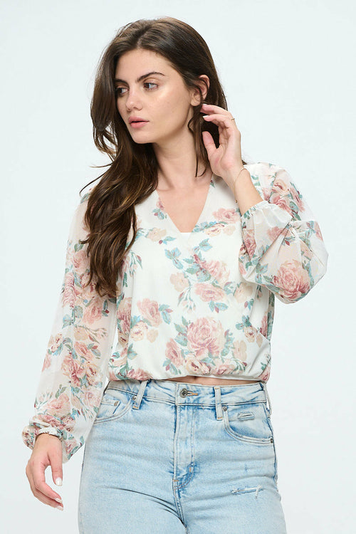 Floral mesh surplice blouse