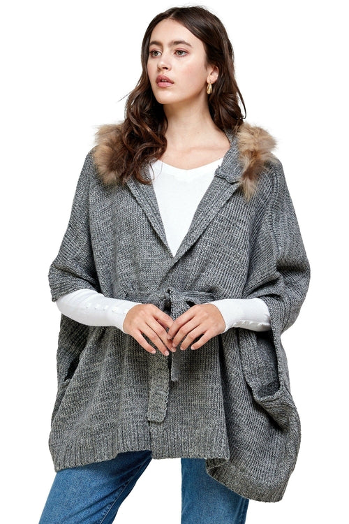 Hoodie Poncho Sweater Cardigan Fur Trim Top