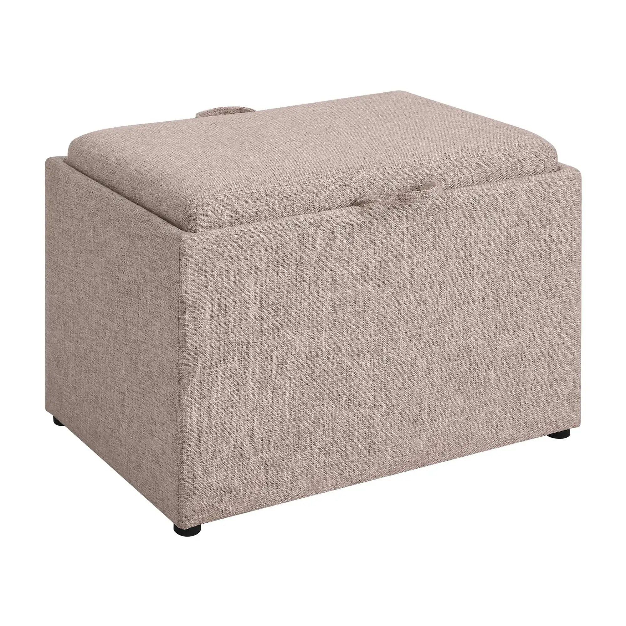 Multi-Functional Tan Fabric Ottoman with Reversible Tray and Storage