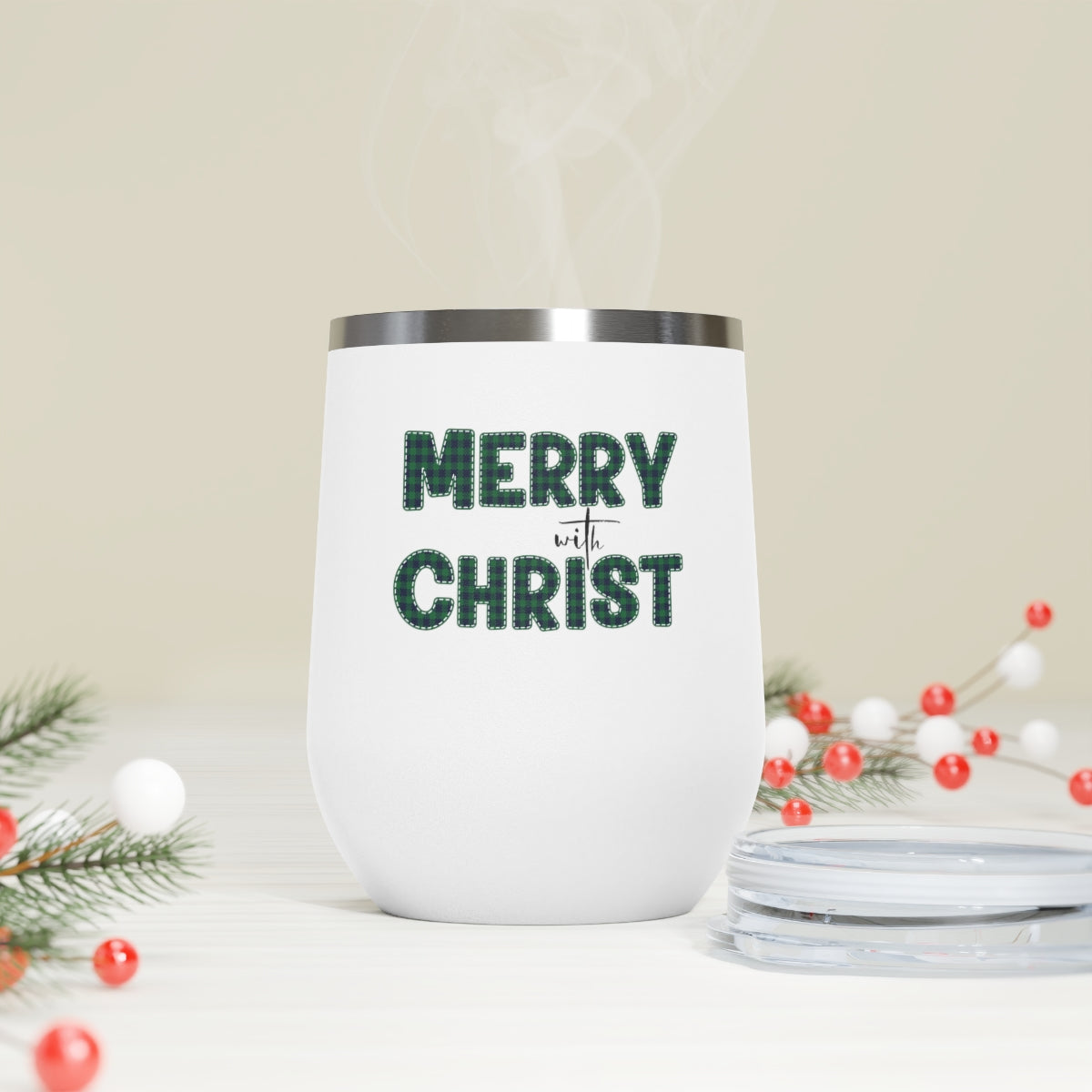 Insulated Tumbler - 12oz, Merry With Christ, Green Plaid Christmas