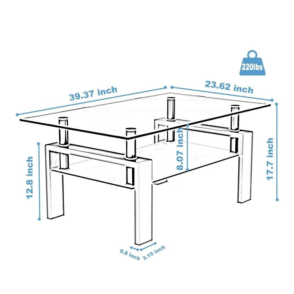 Elegant Rectangle Tempered Glass Coffee Table with Metal Legs