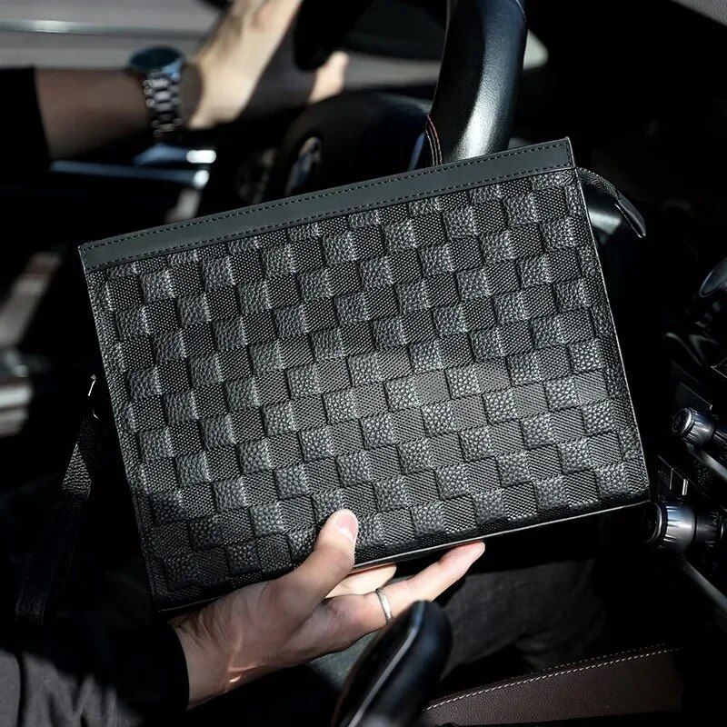 Men's Plaid Genuine Leather Clutch Bag