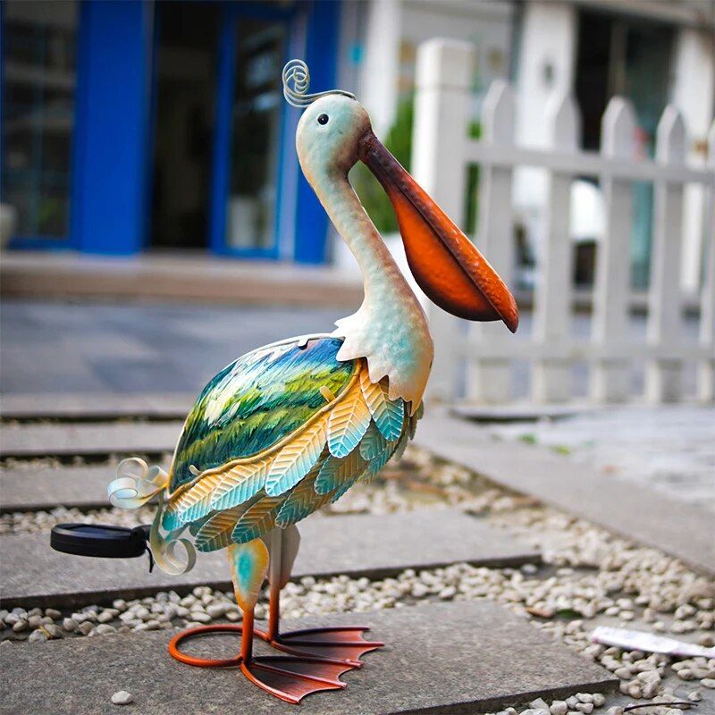 Solar-Powered Metal Pelican Garden Sculpture with LED Light