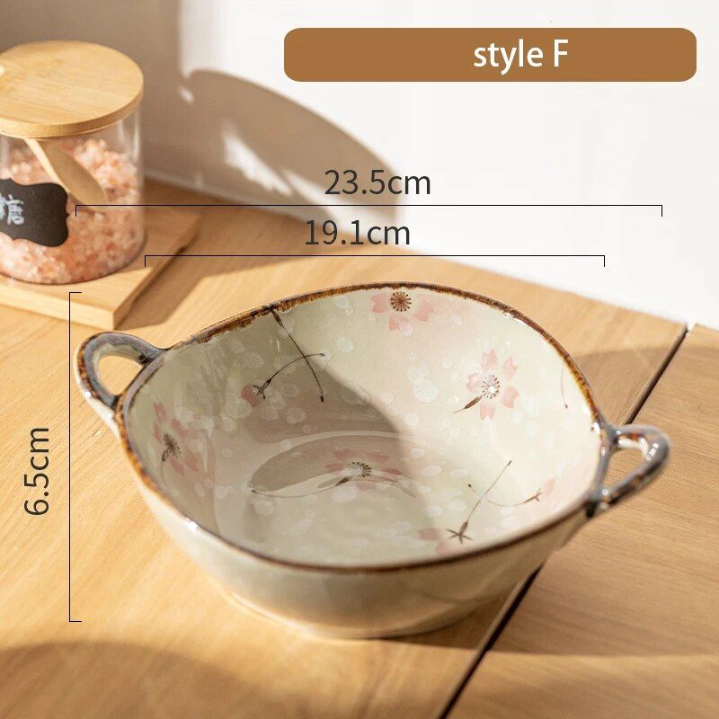 Elegant Floral Ceramic Soup and Salad Bowl with Handle