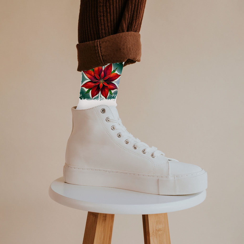 Red Flower Socks - Plant Novelty Socks - Poinsettia Crew Socks