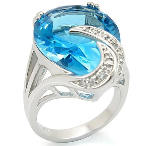 0W343 - Rhodium Brass Ring with Synthetic Synthetic Glass in Sea Blue | Turquoise Tiger