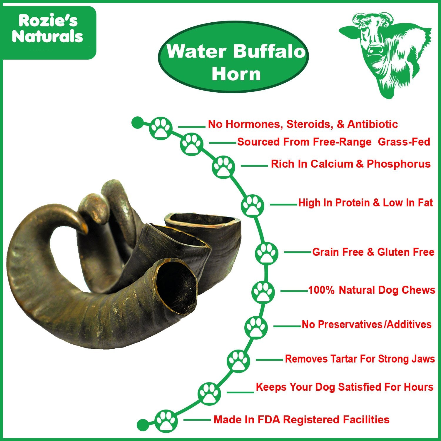 WATER BUFFALO HORN-100% Natural, Long-Lasting, Grain-Free,