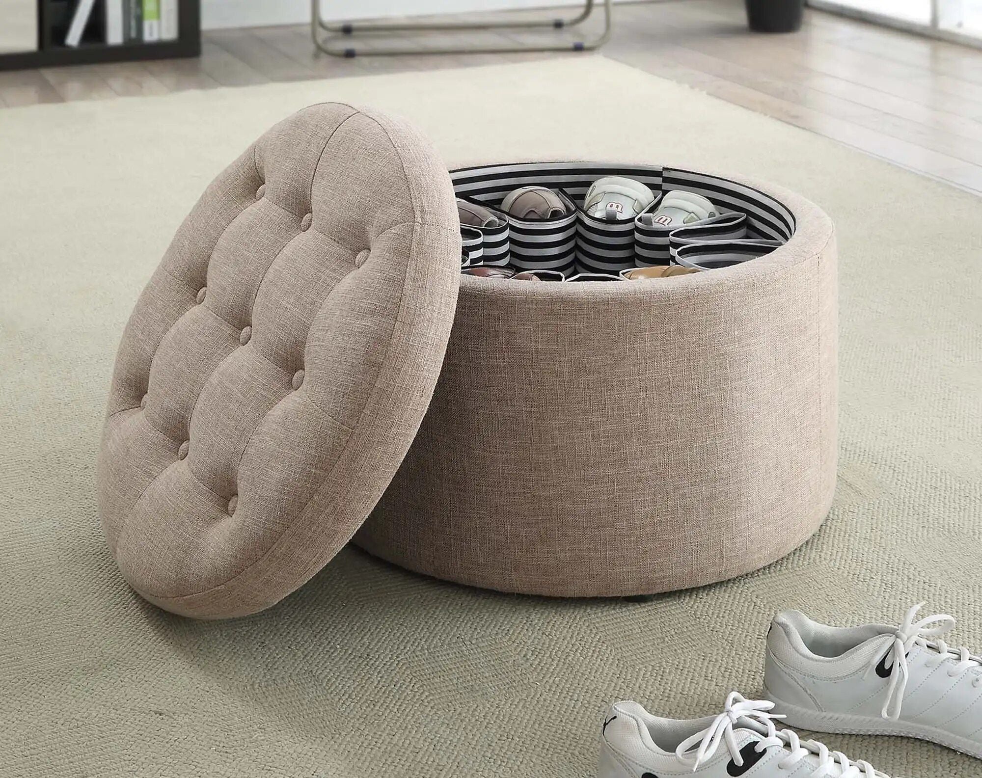 Elegant Tan Fabric Round Ottoman with Shoe Storage and Removable Lid